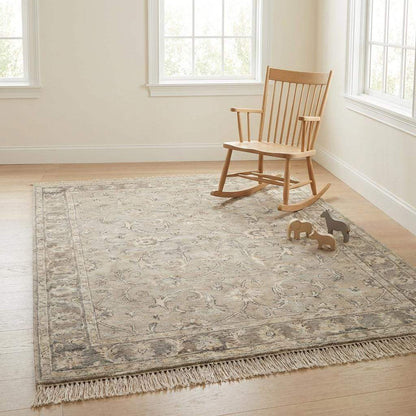 Large hand knotted living room rug in soft taupe and grey color palette