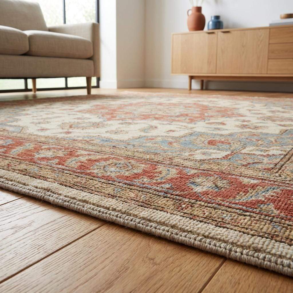 Oushak Floral Medallion Wool Area Rug in Soft Ivory Tones