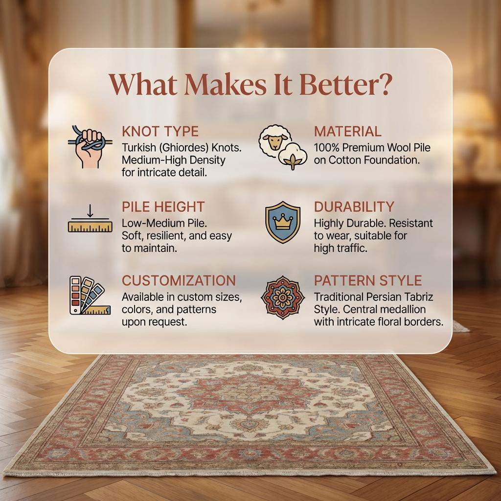 Oushak Floral Medallion Wool Area Rug in Soft Ivory Tones