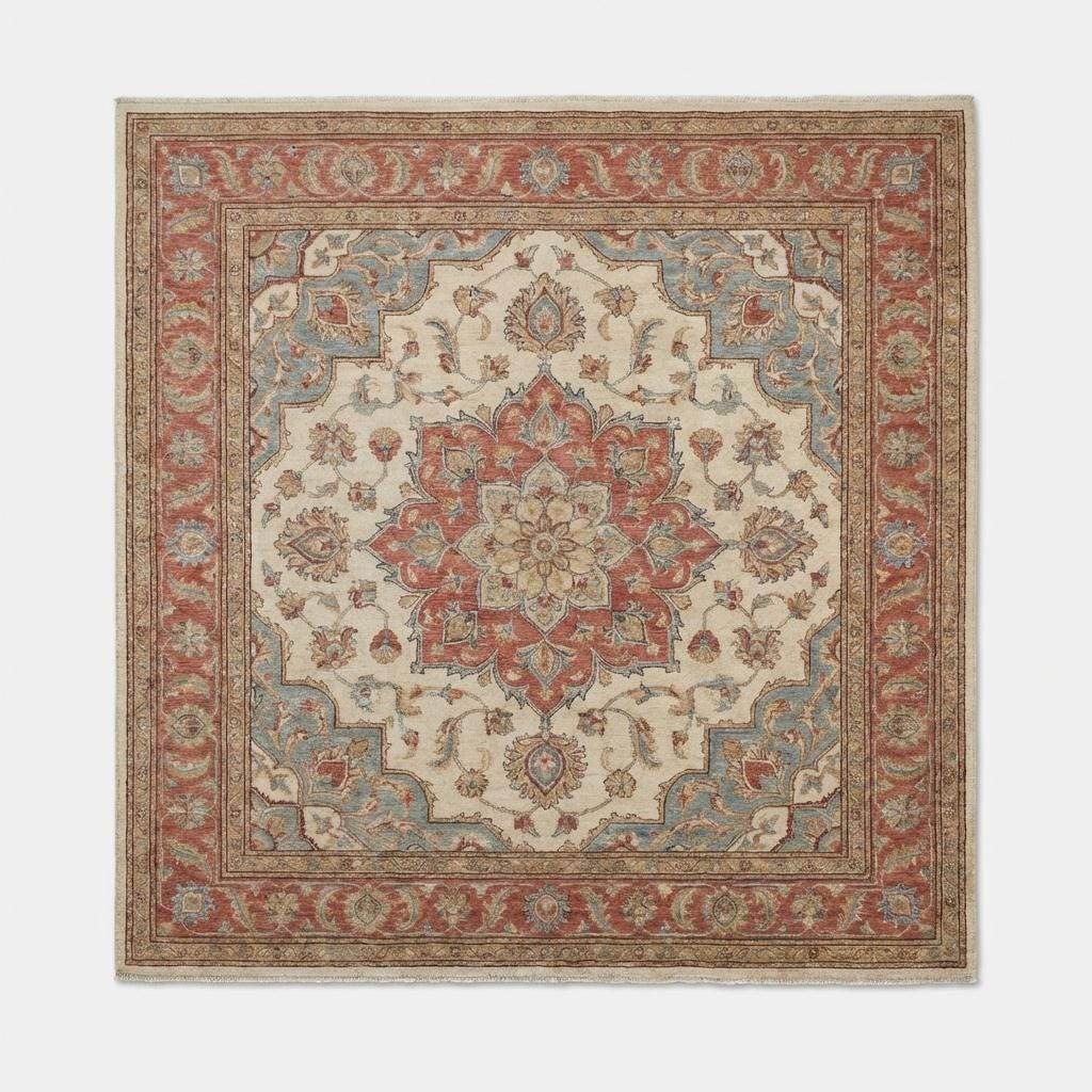 Floral medallion pattern detail of hand knotted Oushak rug with classic Persian-inspired motifs and soft color transitions.