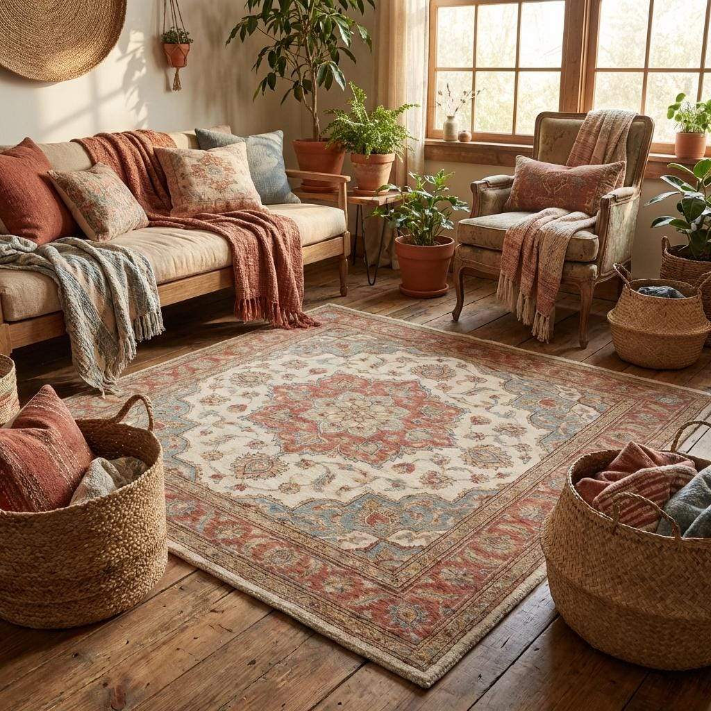 Hand knotted traditional wool area rug styled in a modern living space with neutral flooring and warm natural light.