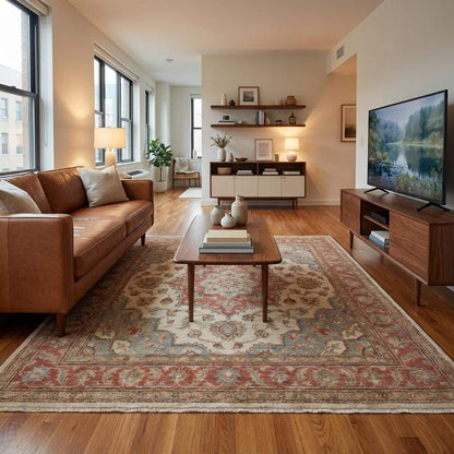 Ivory and terracotta hand knotted wool rug highlighting muted blue and sage green accent tones.