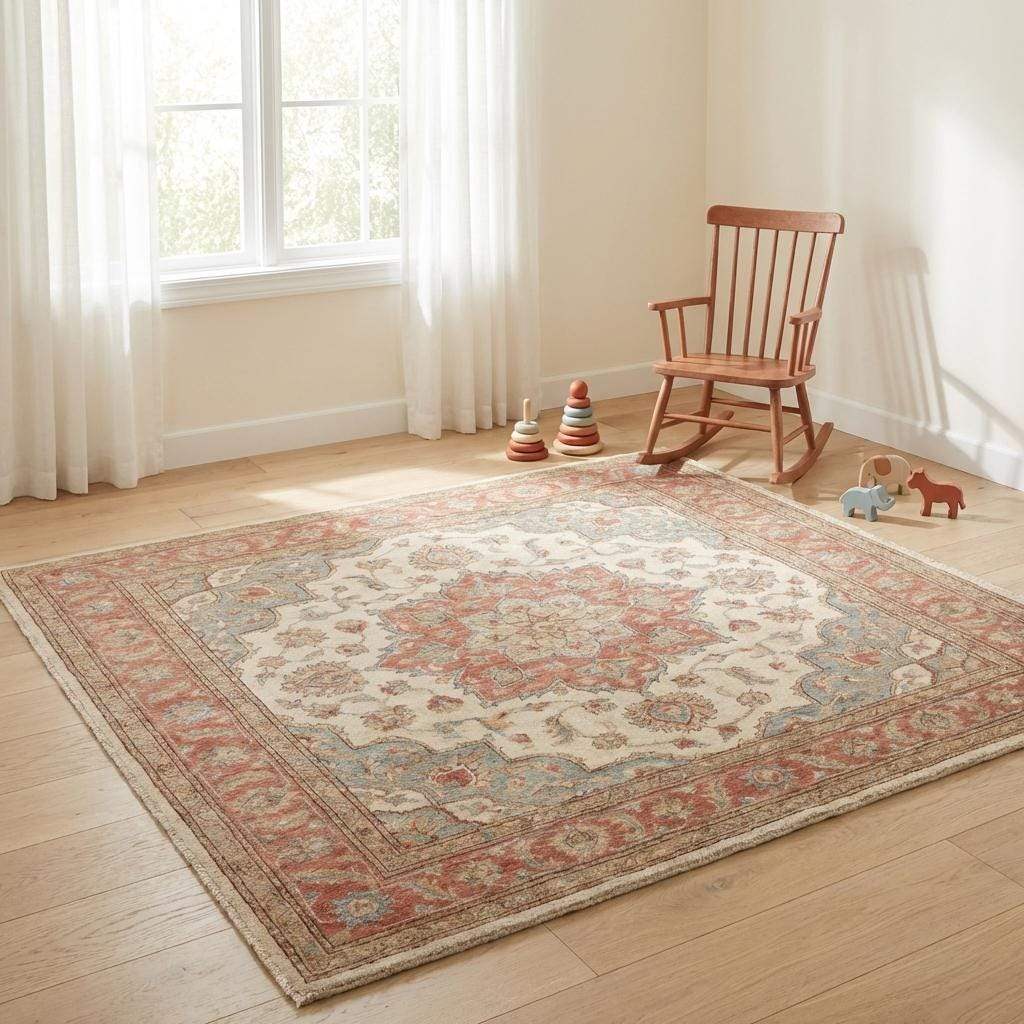 Oushak Floral Medallion Wool Area Rug in Soft Ivory Tones