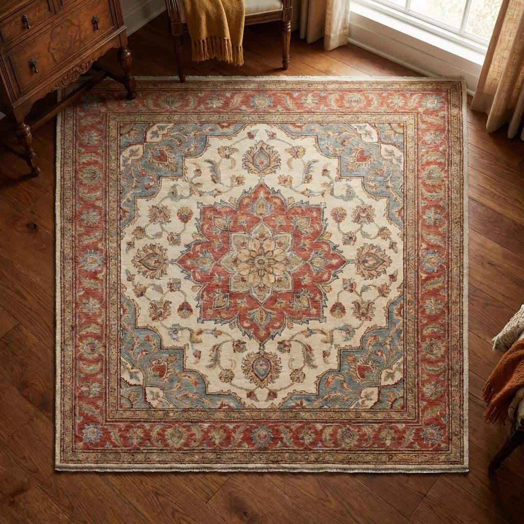Oushak Floral Medallion Wool Area Rug in Soft Ivory Tones