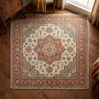 Oushak Floral Medallion Wool Area Rug in Soft Ivory Tones