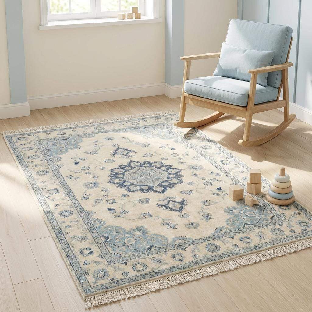 Oushak Hand Knotted Rug Blue Ivory Floral Medallion Carpet Soft Neutral Living Room Area Rug Vintage Style __etsy:7824318528