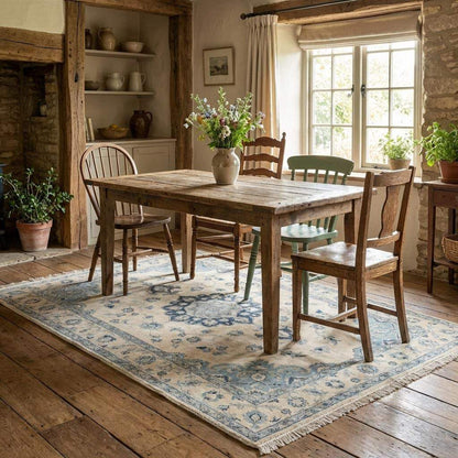 Oushak Hand Knotted Rug Blue Ivory Floral Medallion Carpet Soft Neutral Living Room Area Rug Vintage Style __etsy:7872266089