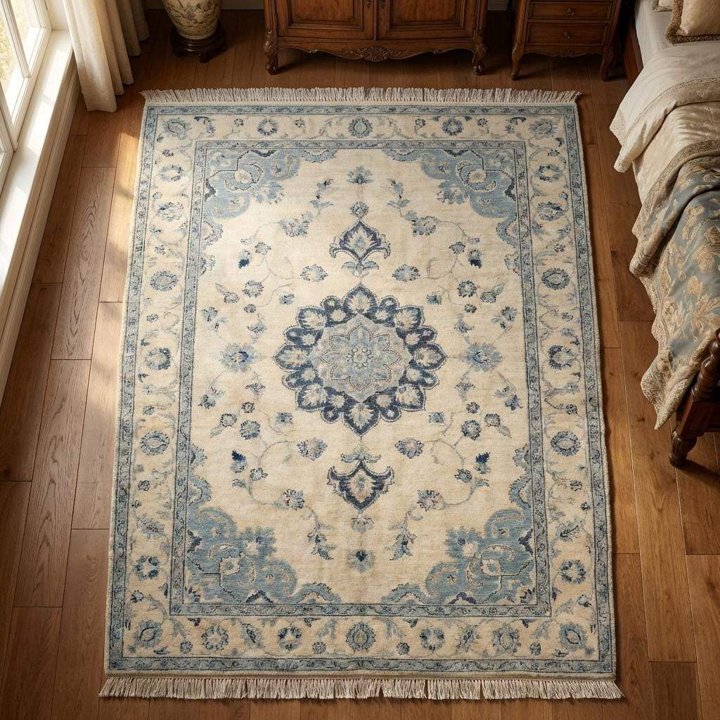 Oushak Hand Knotted Rug Blue Ivory Floral Medallion Carpet Soft Neutral Living Room Area Rug Vintage Style __etsy:7824318534