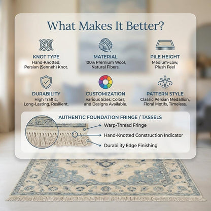 Blue ivory floral medallion Oushak hand knotted rug in soft neutral vintage style
