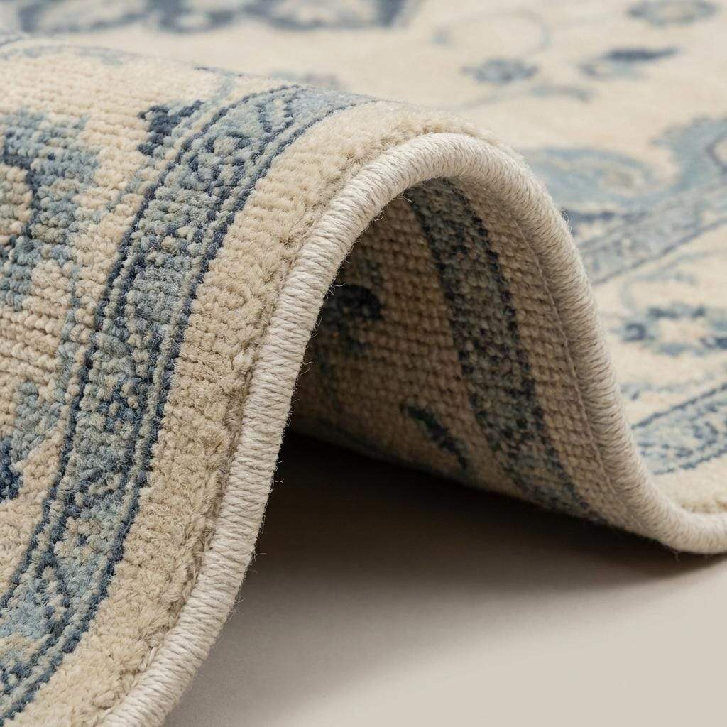 Close-up of hand knotted wool rug texture showing individual knots and soft natural fiber surface __etsy:7872266127