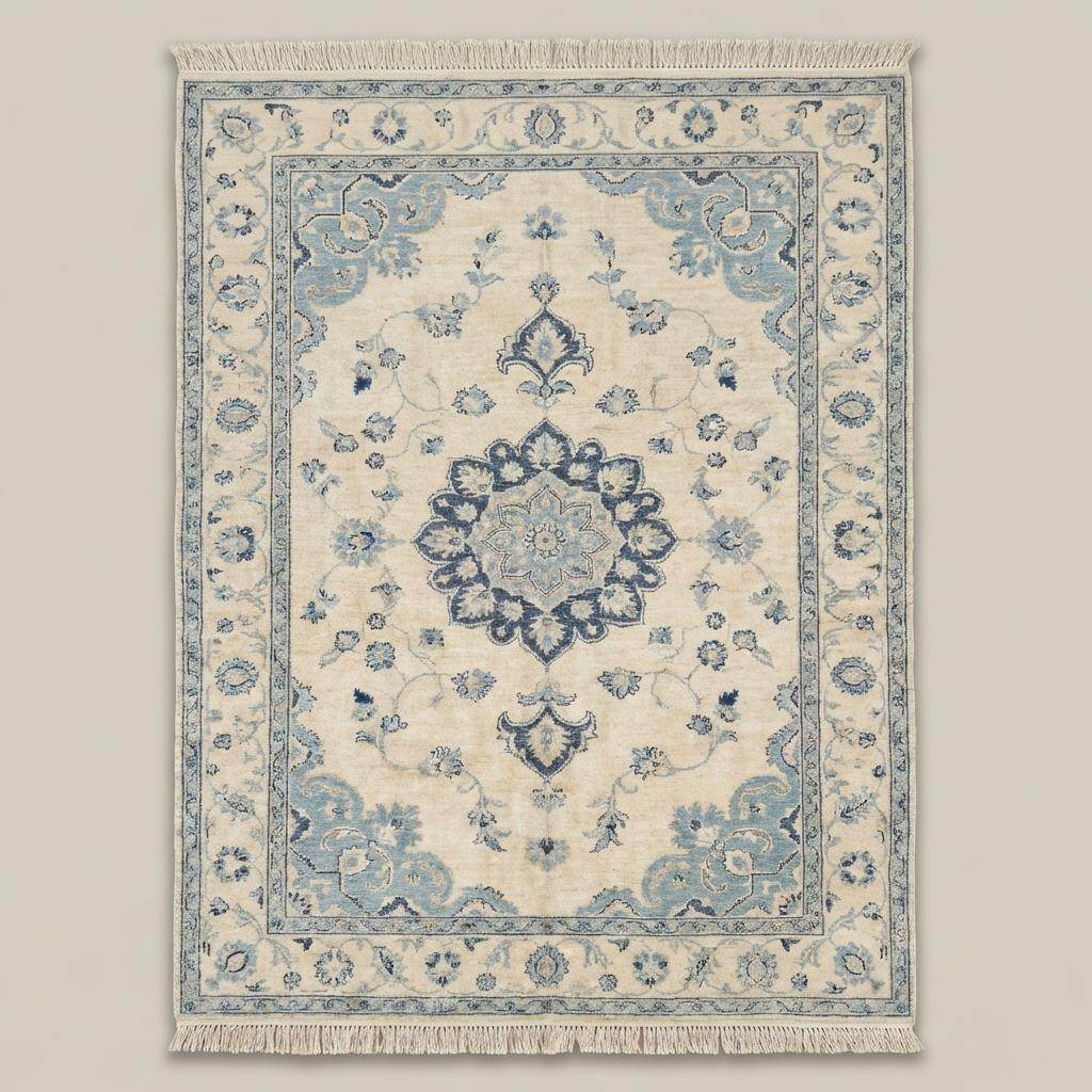Blue ivory Oushak area rug with detailed border and floral motifs on wooden floor near window __etsy:7872266063