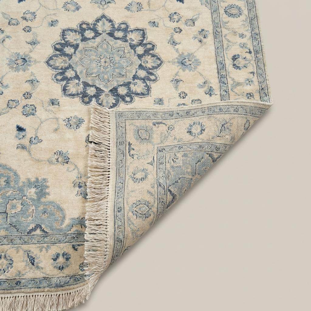 Oushak Hand Knotted Rug Blue Ivory Floral Medallion Carpet Soft Neutral Living Room Area Rug Vintage Style __etsy:7824318548