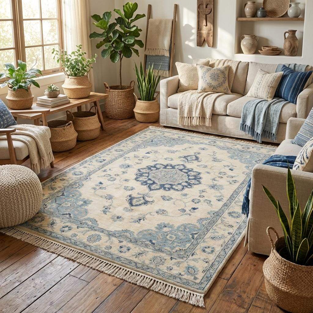 Neutral vintage style Oushak rug with soft blue accents styled under chair in modern interior __etsy:7872266085