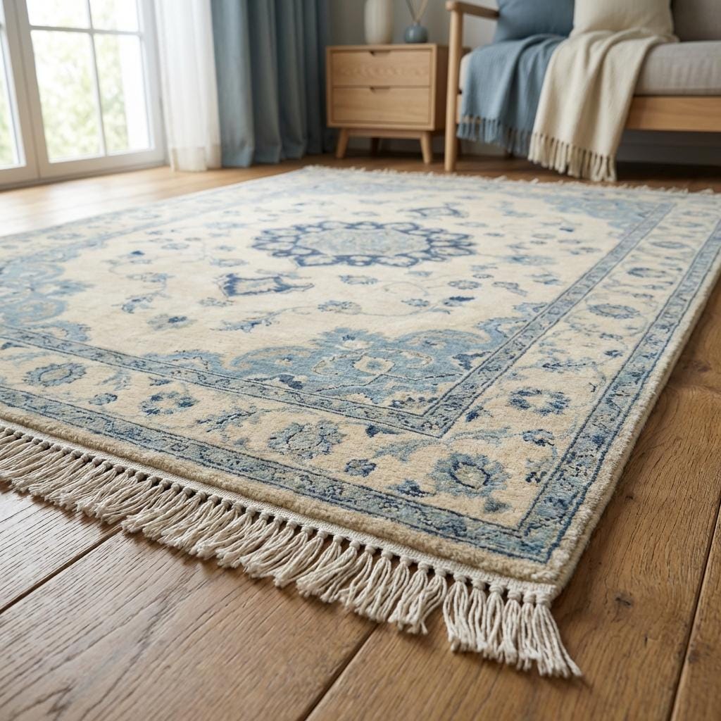 Blue ivory floral medallion Oushak hand knotted rug in soft neutral living room setting