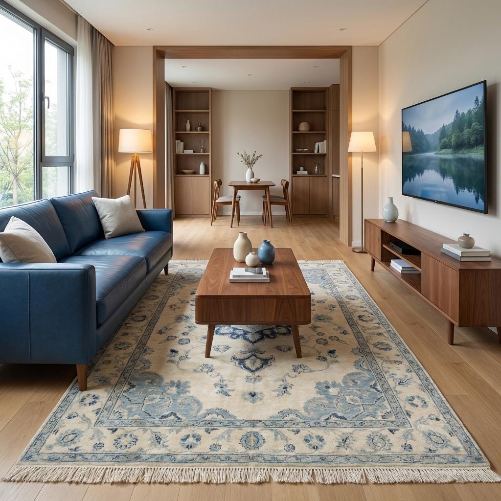 Blue and ivory Oushak hand knotted rug with floral medallion design in a neutral living room setting