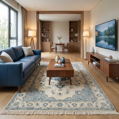 Blue and ivory Oushak hand knotted rug with floral medallion design in a neutral living room setting