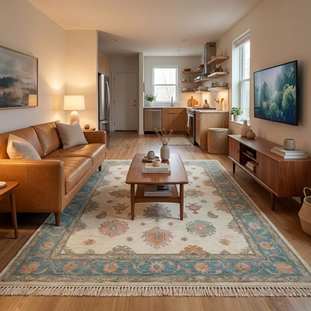 Oushak Hand Knotted Rug , Floral Pastel Carpet, Soft Blue Beige Vintage Style Living Room Area Rug __etsy:7931106001