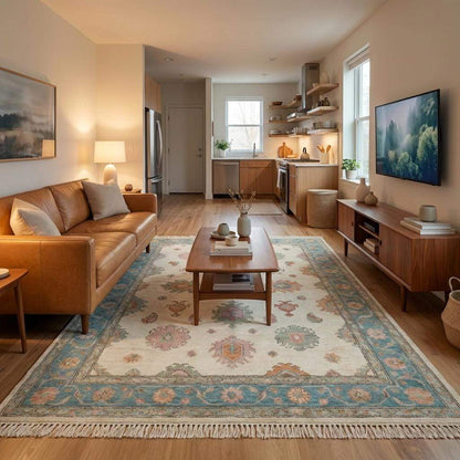 Oushak Hand Knotted Rug , Floral Pastel Carpet, Soft Blue Beige Vintage Style Living Room Area Rug __etsy:7931106001
