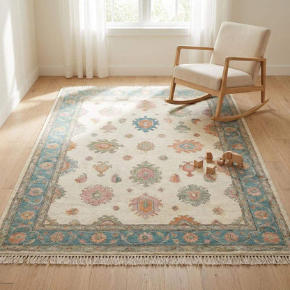 Oushak Hand Knotted Rug , Floral Pastel Carpet, Soft Blue Beige Vintage Style Living Room Area Rug __etsy:7931106037