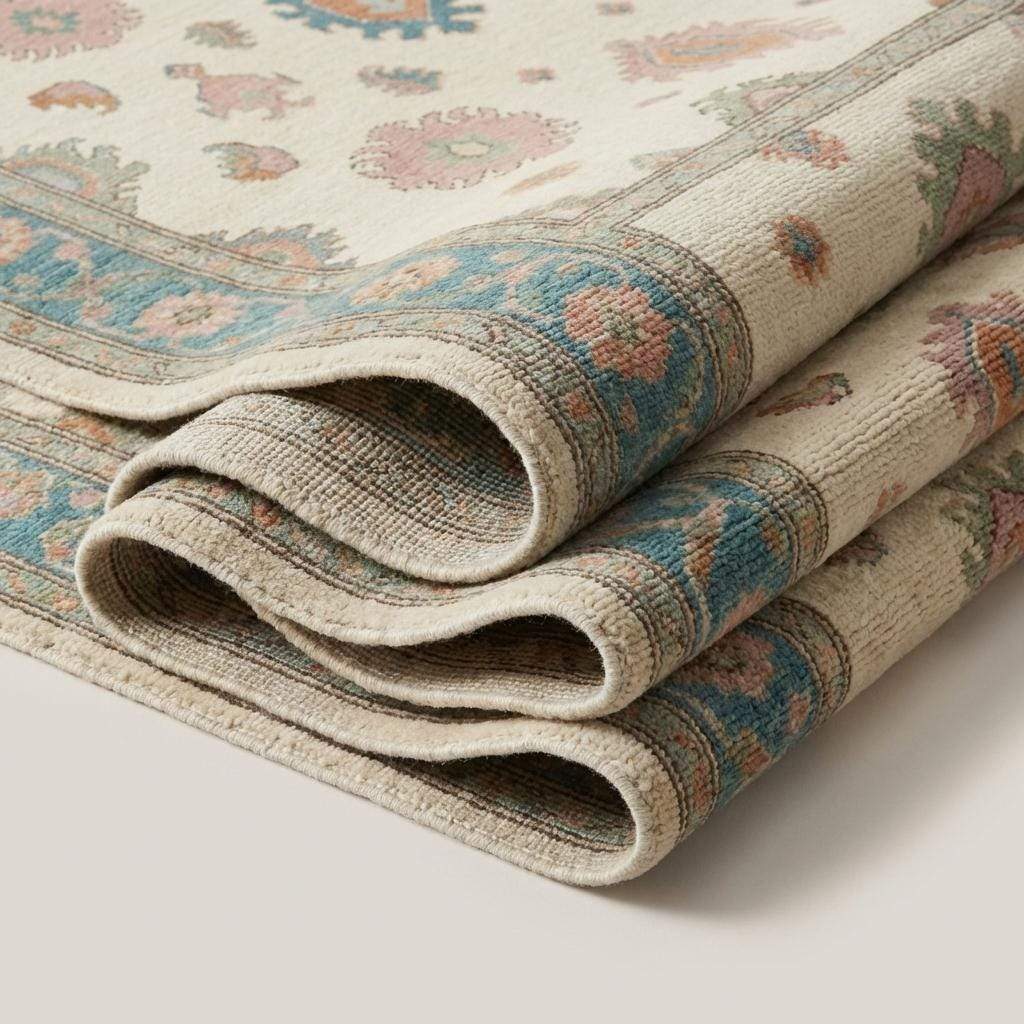 Oushak hand knotted rug with floral pastel design in soft blue and beige vintage style