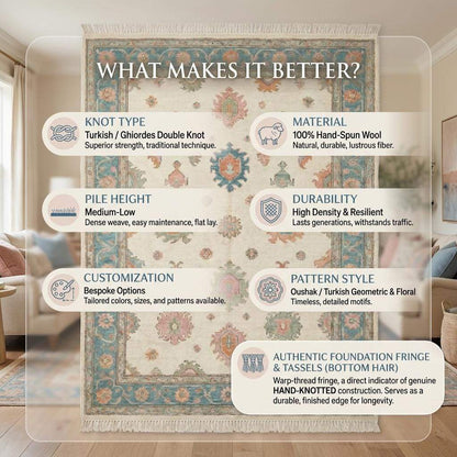 Soft blue beige floral Oushak hand knotted rug in vintage living room setting