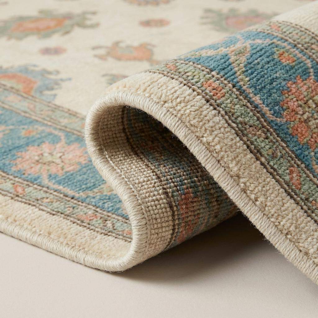 Close-up of hand knotted wool rug showing fine knot structure, soft pile texture, and natural wool fibers __etsy:7883143062