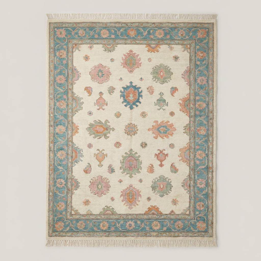 Vintage style Oushak area rug with muted floral motifs and pastel tones for neutral home decor __etsy:7931105979