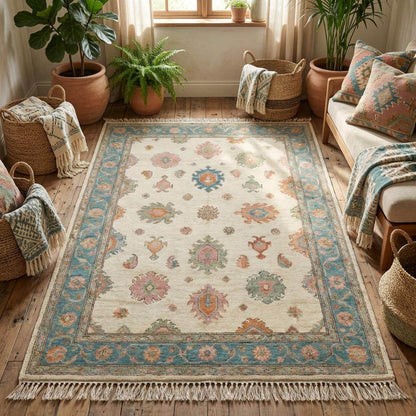 Handmade wool carpet with Turkish inspired floral patterns and soft blue border detailing __etsy:7883143042
