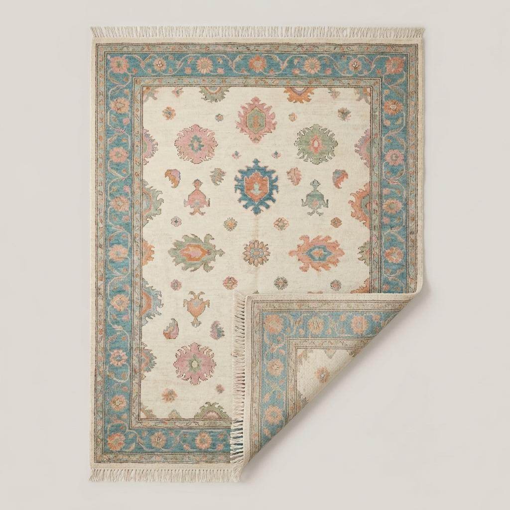 Oushak Hand Knotted Rug , Floral Pastel Carpet, Soft Blue Beige Vintage Style Living Room Area Rug __etsy:7931106035