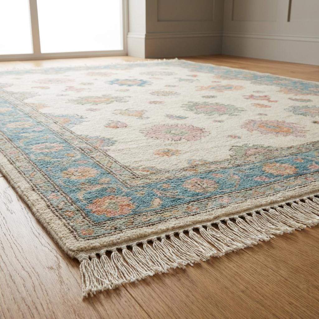 Soft blue and beige Oushak hand knotted rug with floral pastel design in vintage style living room setting