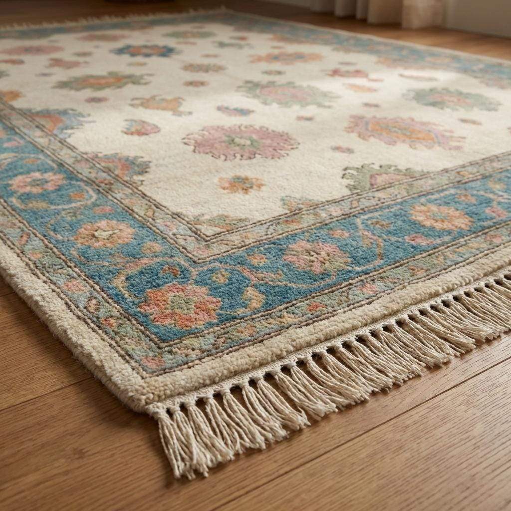 Soft neutral Oushak rug with floral medallions perfect for living room or bedroom decor __etsy:7883143060