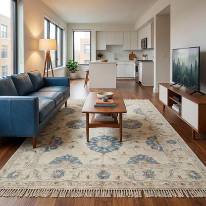 Oushak Hand Knotted Rug Ivory Carpet Blue Floral Turkish Wool Rug Large Living Room Area Decor __etsy:8005562845