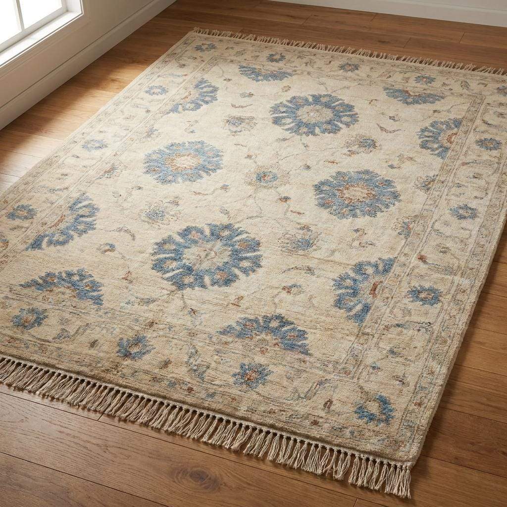 Oushak Hand Knotted Rug Ivory Carpet Blue Floral Turkish Wool Rug Large Living Room Area Decor __etsy:8005562953
