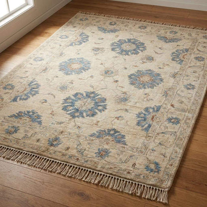 Oushak Hand Knotted Rug Ivory Carpet Blue Floral Turkish Wool Rug Large Living Room Area Decor __etsy:8005562953