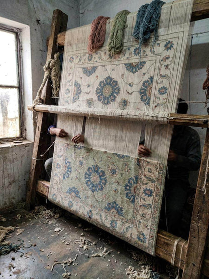 Oushak Hand Knotted Rug Ivory Carpet Blue Floral Turkish Wool Rug Large Living Room Area Decor __etsy:8005562899