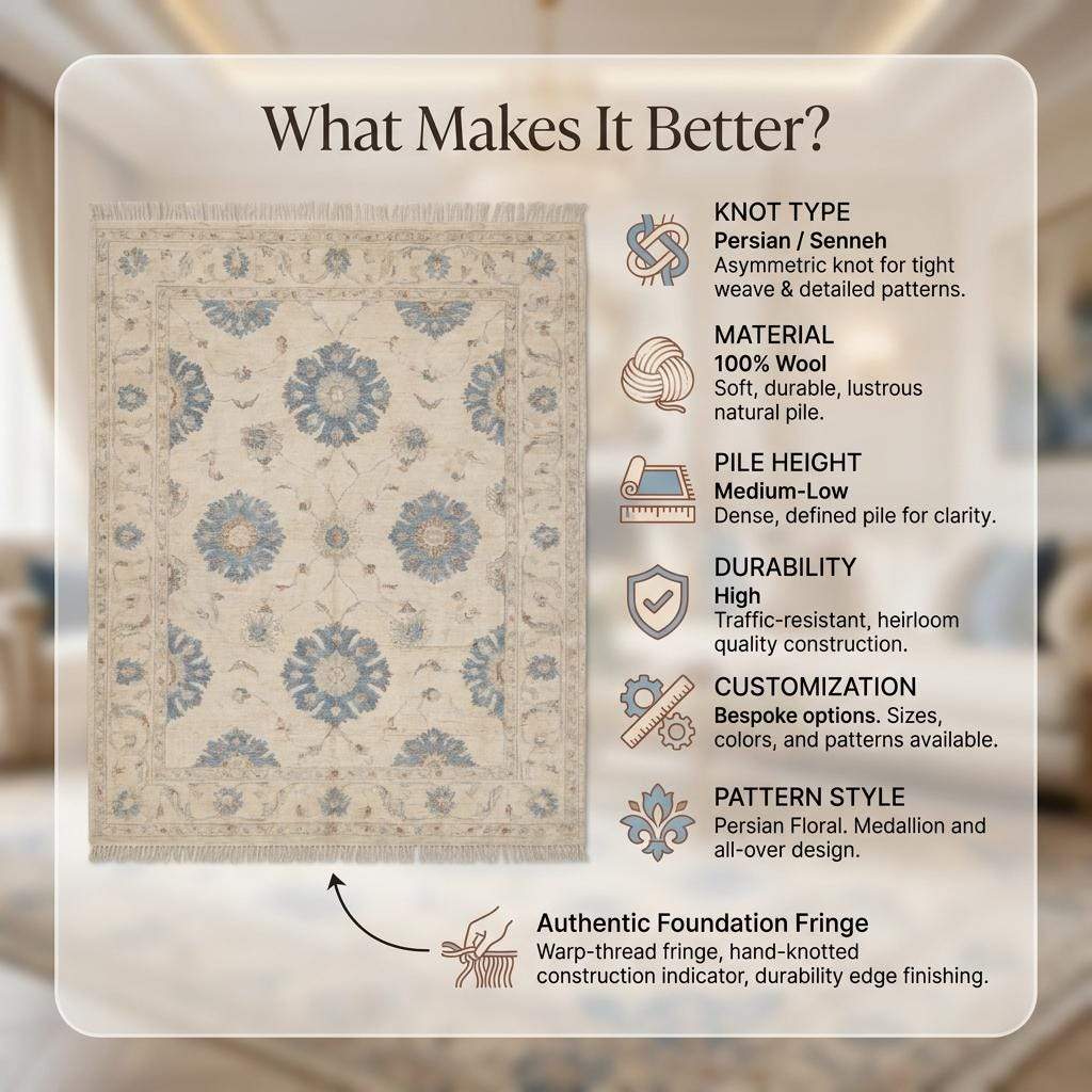 Oushak Hand Knotted Rug Ivory Carpet Blue Floral Turkish Wool Rug Large Living Room Area Decor __etsy:7957603564