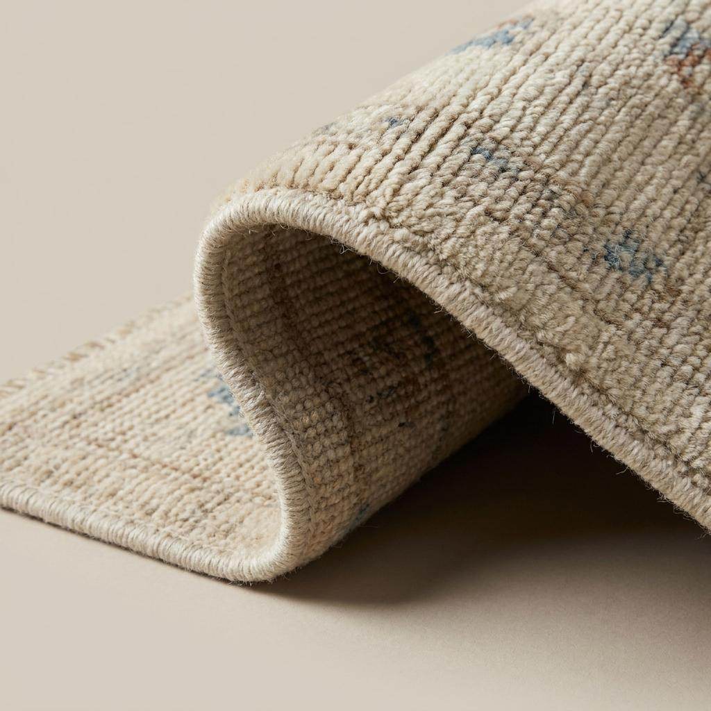 Close-up texture of hand knotted wool rug showing soft pile, visible knot detail, ivory base and dusty blue floral pattern __etsy:8005562931
