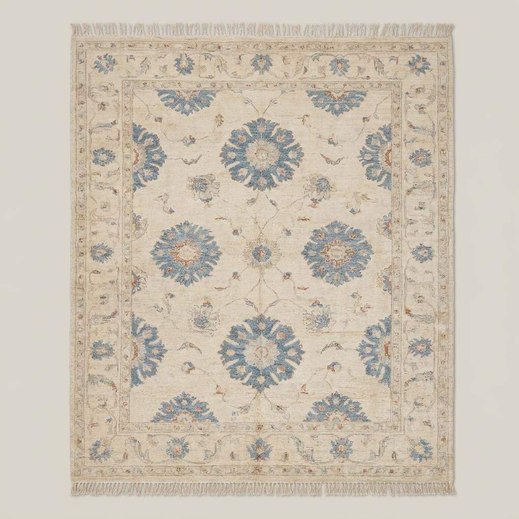 Large handmade Oushak area rug with neutral ivory tones and blue medallion floral design for elegant home decor __etsy:7957603494