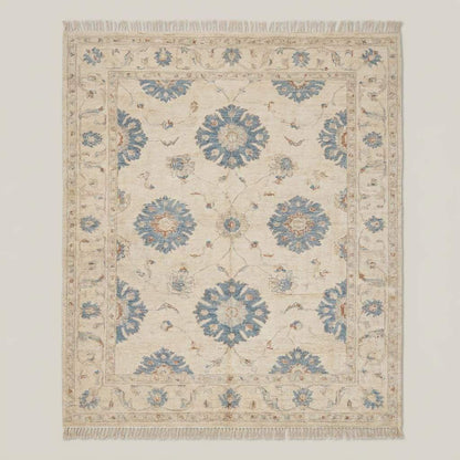 Large handmade Oushak area rug with neutral ivory tones and blue medallion floral design for elegant home decor __etsy:7957603494