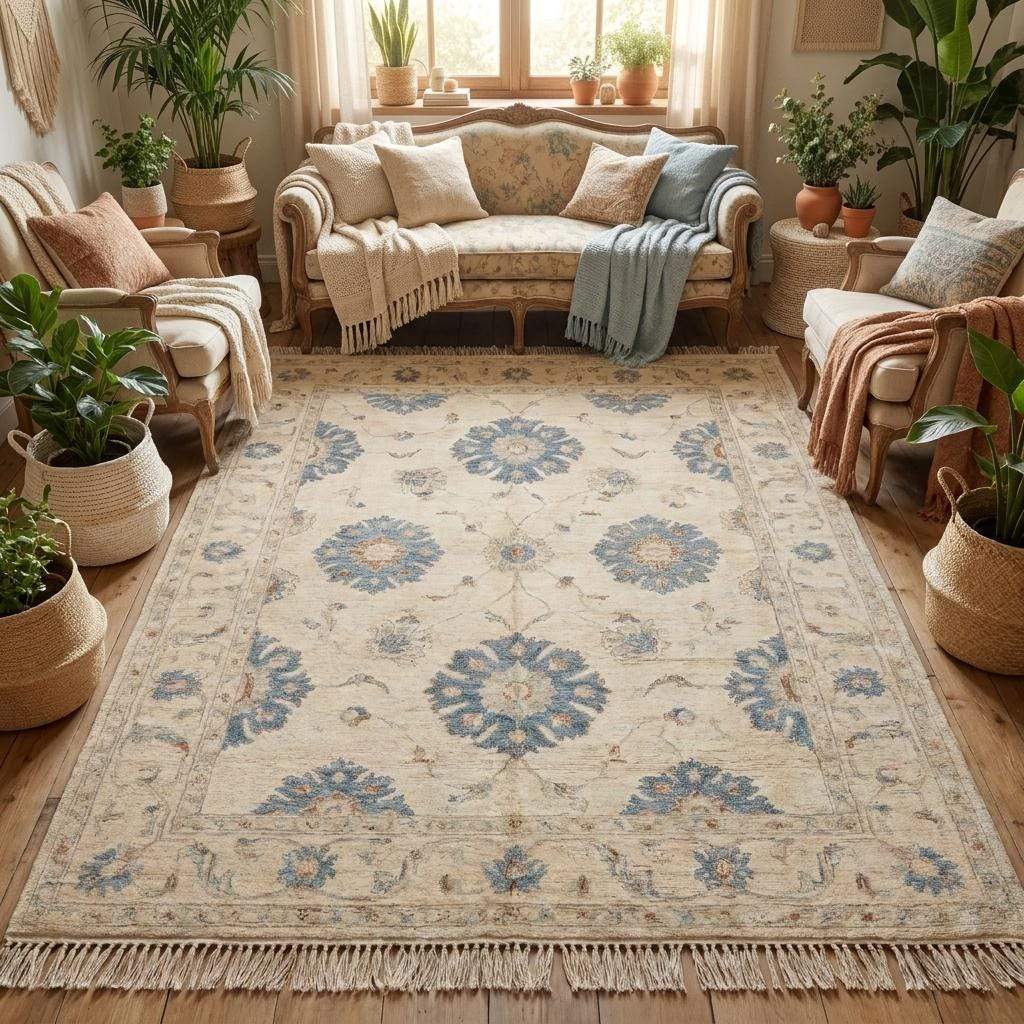 Vintage inspired Turkish style wool carpet with blue floral accents and soft cream background for bedroom or lounge __etsy:7957603532