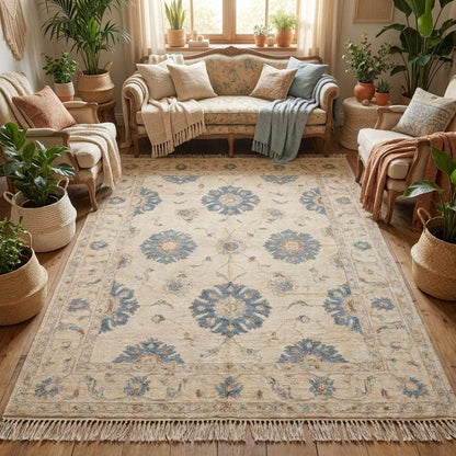 Vintage inspired Turkish style wool carpet with blue floral accents and soft cream background for bedroom or lounge __etsy:7957603532