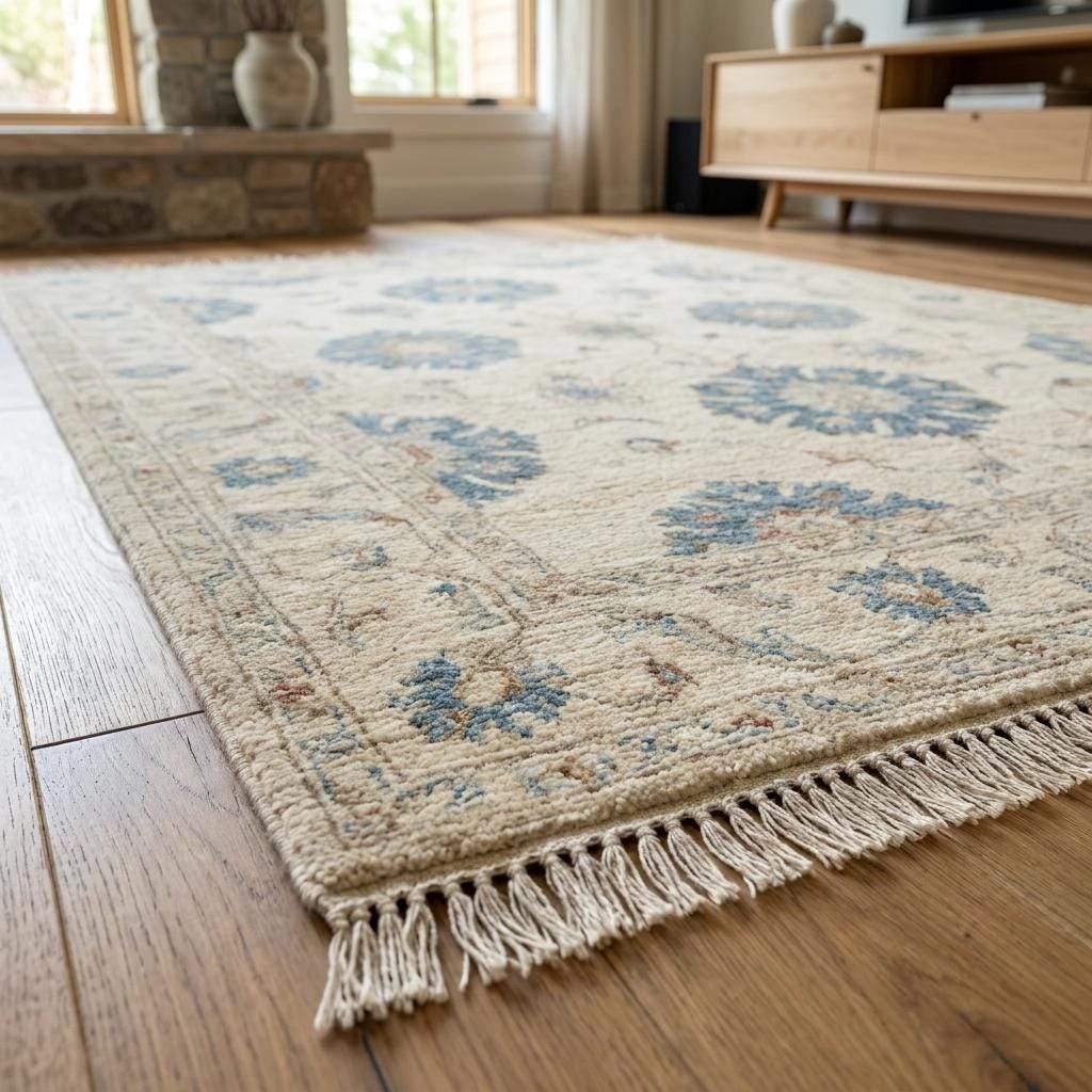 Neutral hand knotted living room rug with artisan floral motifs and timeless ivory blue color palette __etsy:7957603542