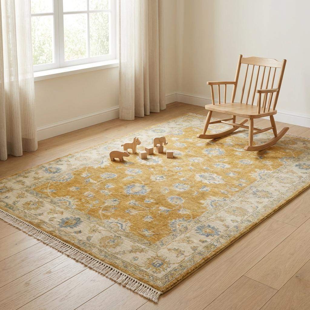 Oushak Hand Knotted Rug Mustard Gold Floral Area Rug, Turkish Style Living Room Carpet, Vintage Inspired Wool Rug __etsy:7855079417