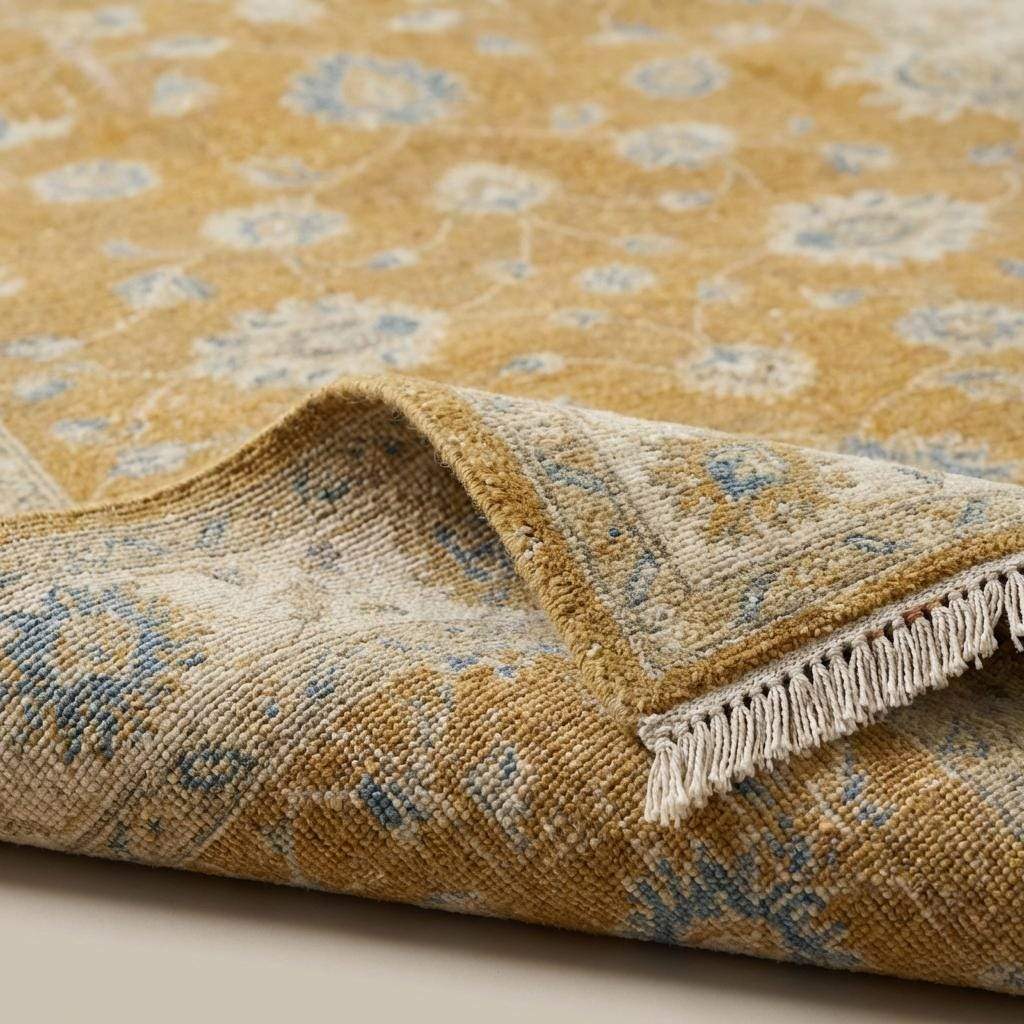 Close-up of hand knotted wool rug texture showing individual knots and soft floral Oushak weaving pattern __etsy:7855079425