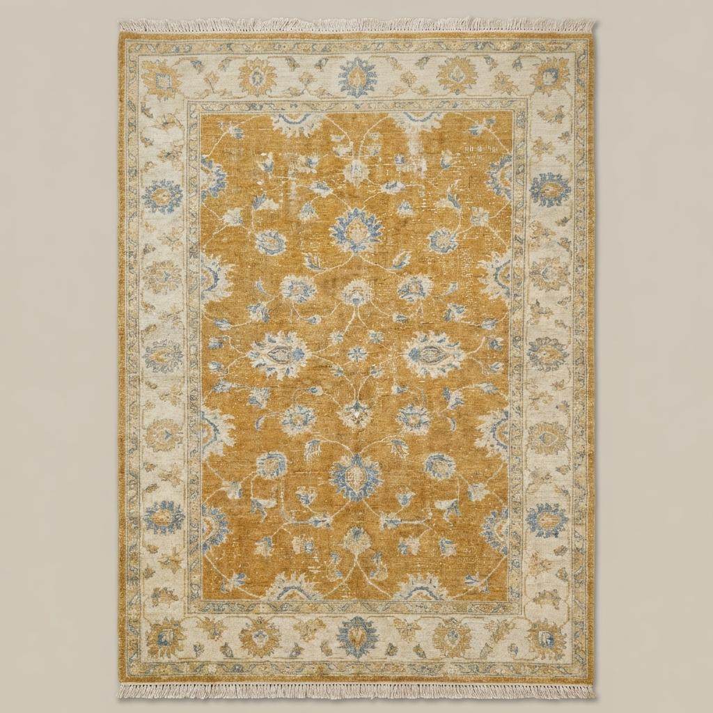 Traditional Oushak wool area rug featuring ivory border and vintage inspired floral motifs __etsy:7807138802