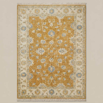 Traditional Oushak wool area rug featuring ivory border and vintage inspired floral motifs __etsy:7807138802