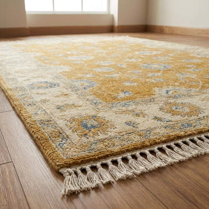 Handmade wool Oushak carpet with classic Turkish floral design and warm golden tones __etsy:7807138816