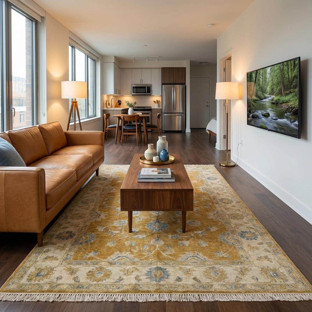 8x10 traditional Oushak hand knotted rug adding warmth and texture to hardwood floor interior __etsy:7855079403