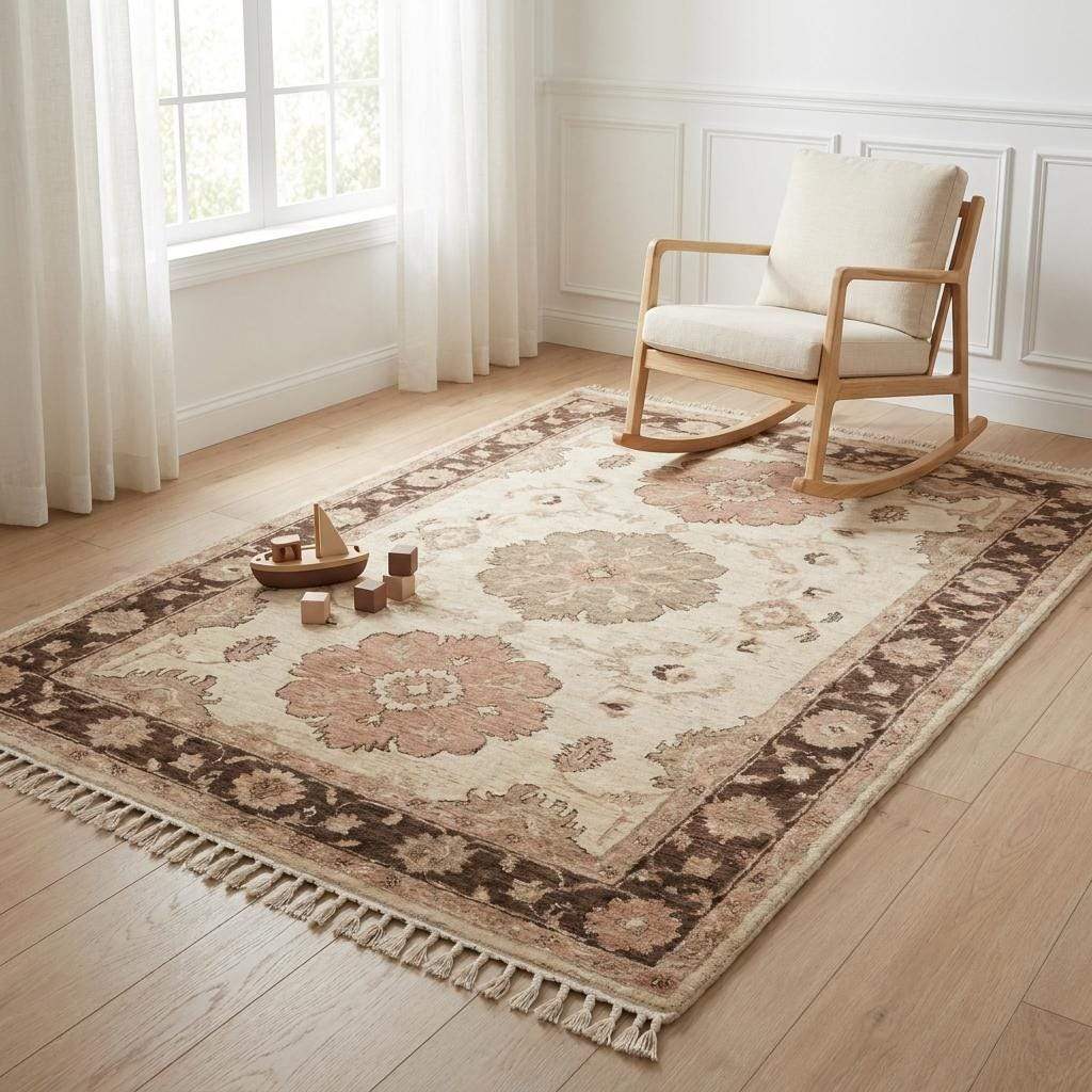 Soft ivory and taupe hand knotted rug styled on dark wood flooring in warm minimalist interior setting __etsy:8110174029