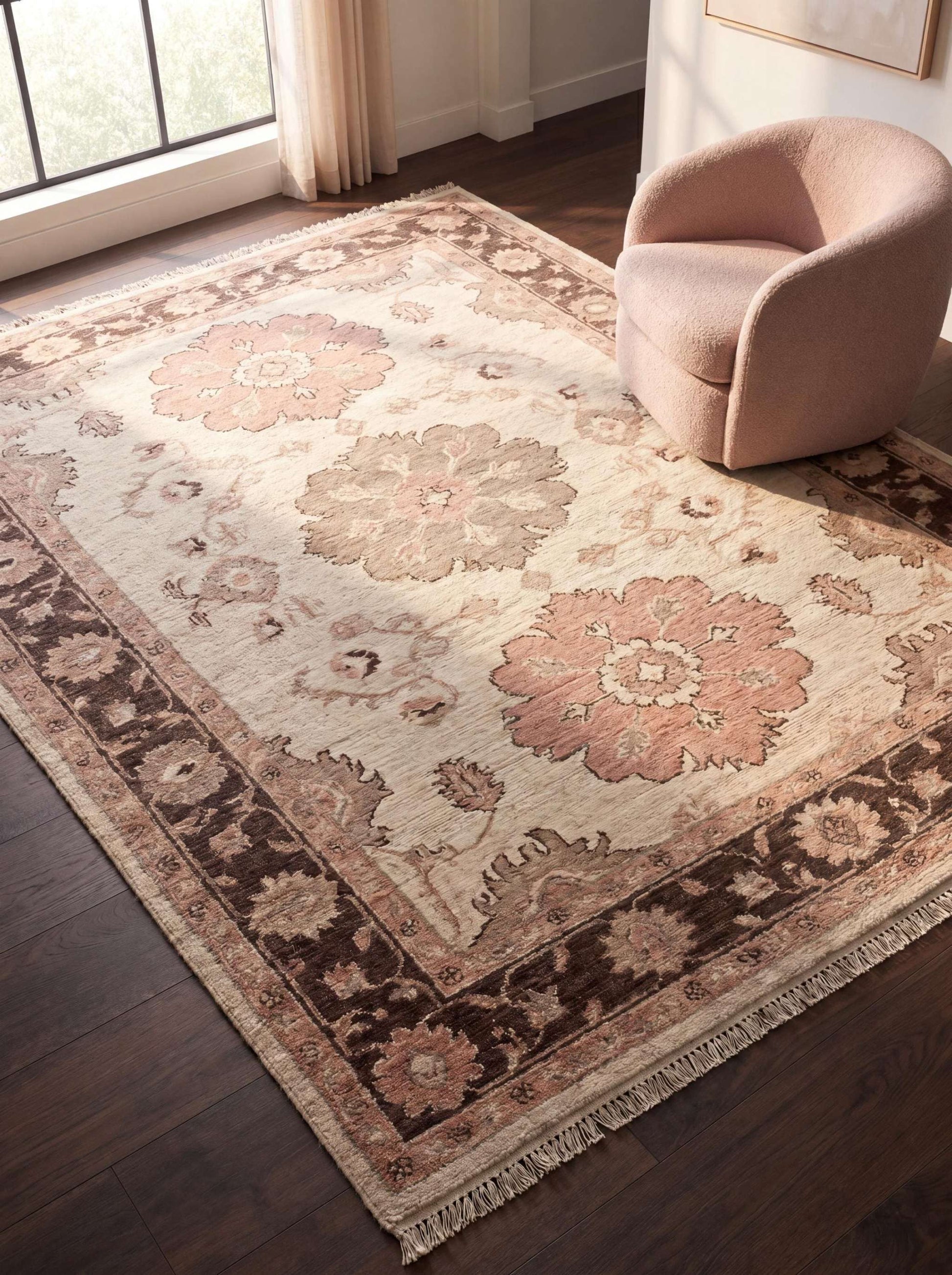 Hand knotted Oushak rug with floral medallion design in ivory and blush tones styled in a modern living room __etsy:8062259194